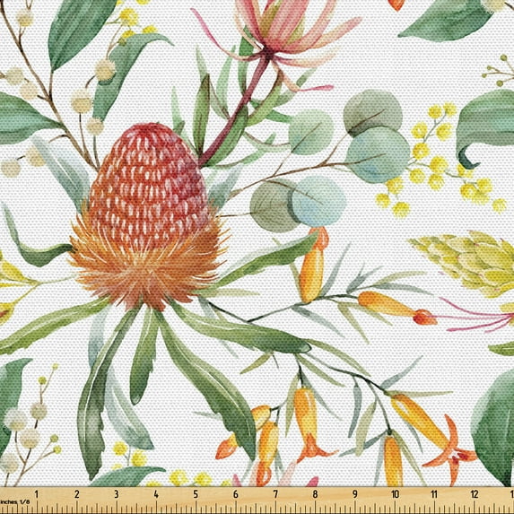 Ambesonne Floral Fabric by the Yard Upholstery, Australian Banksia Botanical, 5 Yards, Laurel Green Multicolor