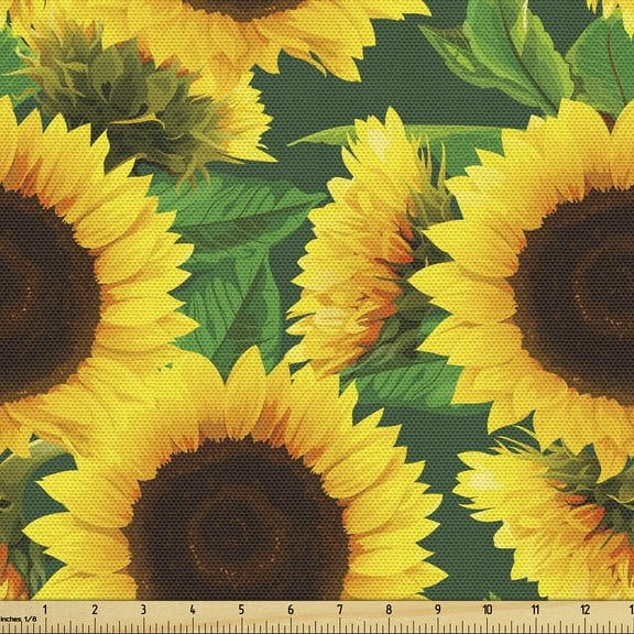 Ambesonne Floral Fabric by the Yard Upholstery, Autumn Sunflowers Leaves, 5 Yards, Earth Yellow and Fern Green