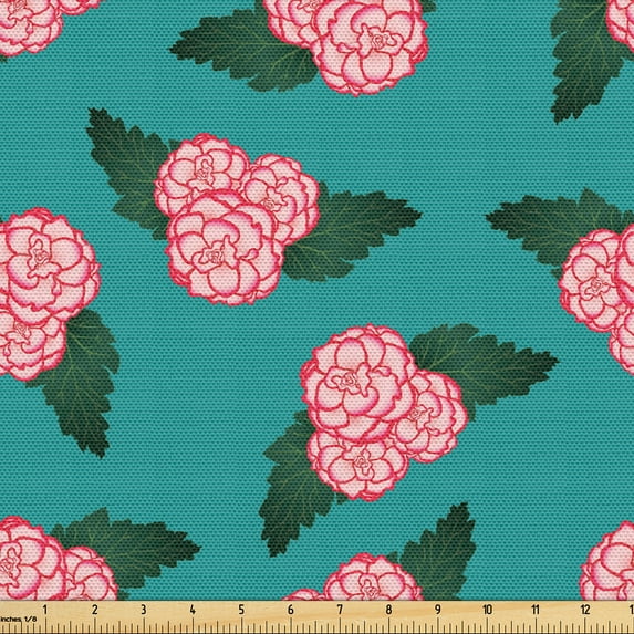 Ambesonne Floral Fabric by the Yard Upholstery, Begonia Flower Love, 2 Yards, Blush Dark Coral