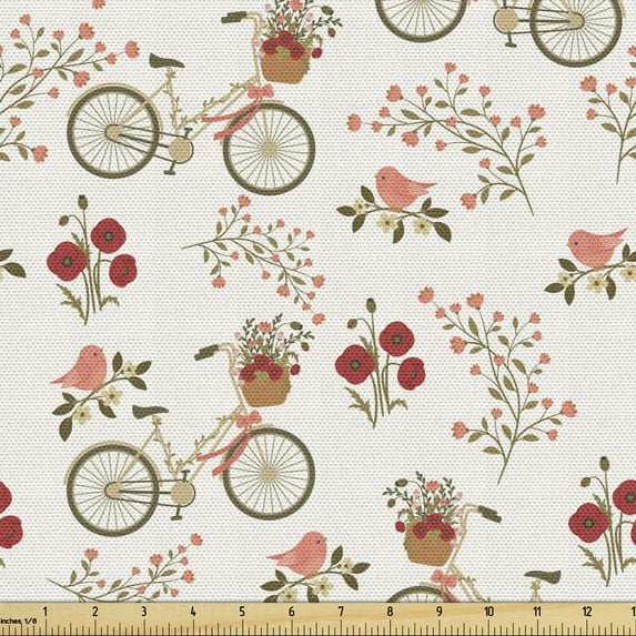 Ambesonne Floral Fabric by the Yard Upholstery, Bikes Poppy Flowers, 1 Yard, Multicolor