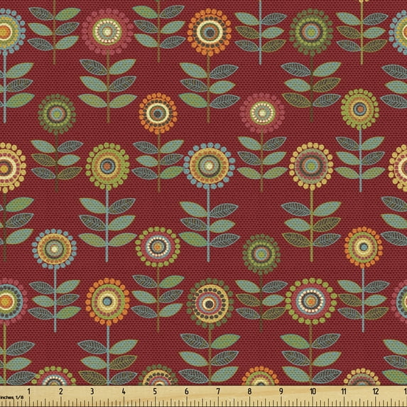 Ambesonne Floral Fabric by the Yard Upholstery, Bizarre Flower Silhouettes, 2 Yards, Burgundy and Multicolor