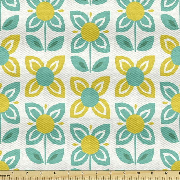 Ambesonne Floral Fabric by the Yard Upholstery, Blooming Happy Time Flowers, 1 Yard, Seafoam and Yellow