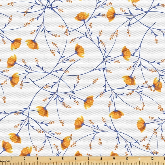 Ambesonne Floral Fabric by the Yard Upholstery, Blooming Meadow Flowers Art, 3 Yards, Earth Yellow and Dark Violet