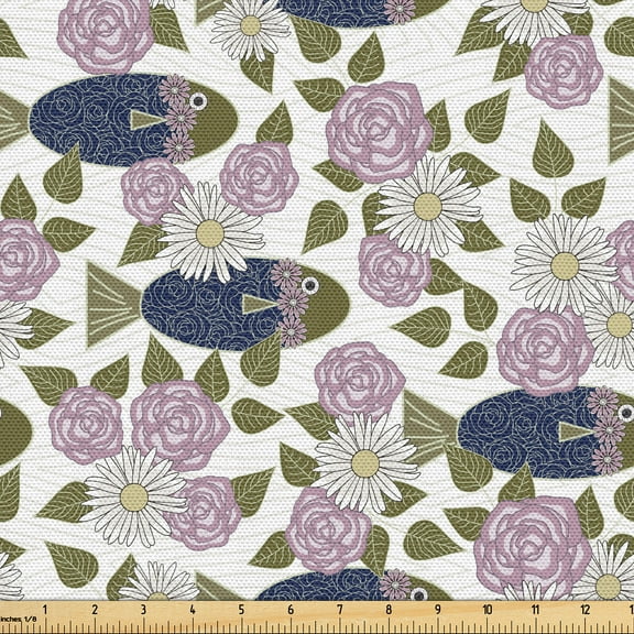 Ambesonne Floral Fabric by the Yard Upholstery, Blooming Roses Daisies Fish, 1 Yard, Army Green and Grey Pink