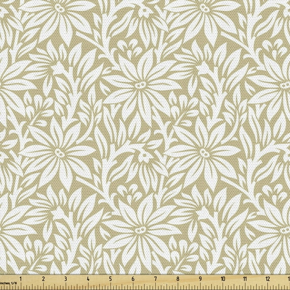Ambesonne Floral Fabric by the Yard Upholstery, Blooms in Monochrome Style, 1 Yard, Pale Yellow Green White
