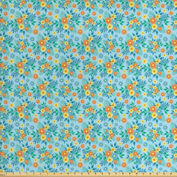 Ambesonne Floral Fabric by the Yard Upholstery, Blossoming Daisy Rural Field, 2 Yards, Pale Blue Orange
