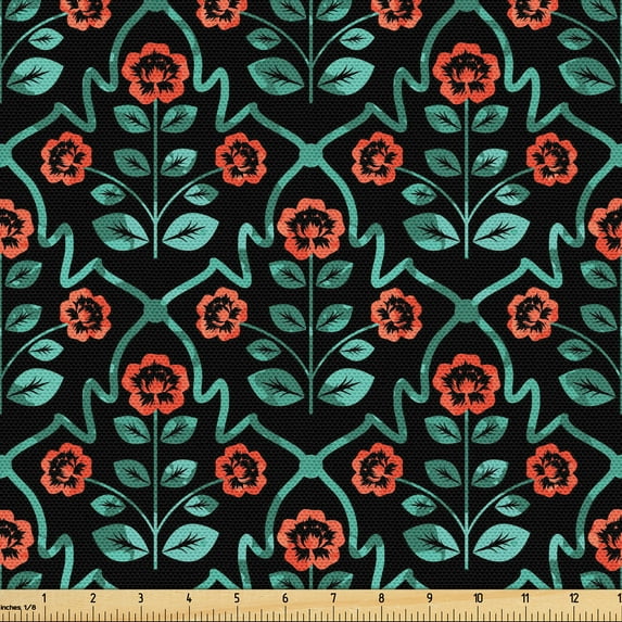 Ambesonne Floral Fabric by the Yard Upholstery, Blossoming Flowers Design, 2 Yards, Charcoal Grey Aqua Coral