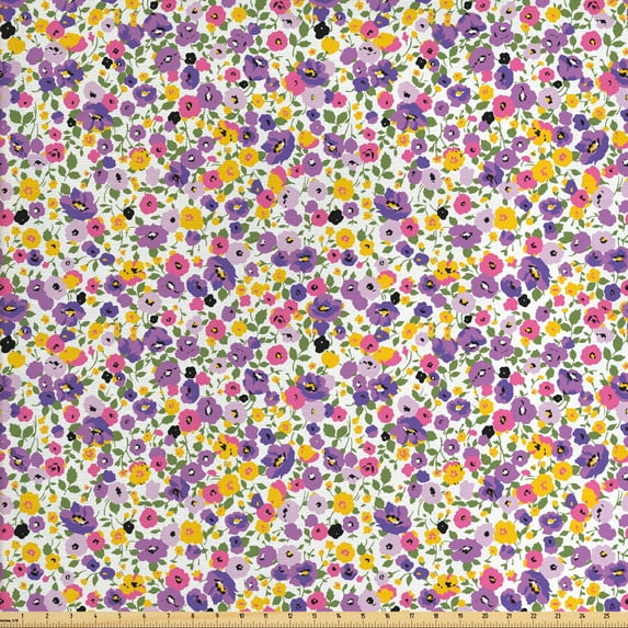 Ambesonne Floral Fabric by the Yard Upholstery, Blossoming Spring Florals, 3 Yards, Violet Earth Yellow