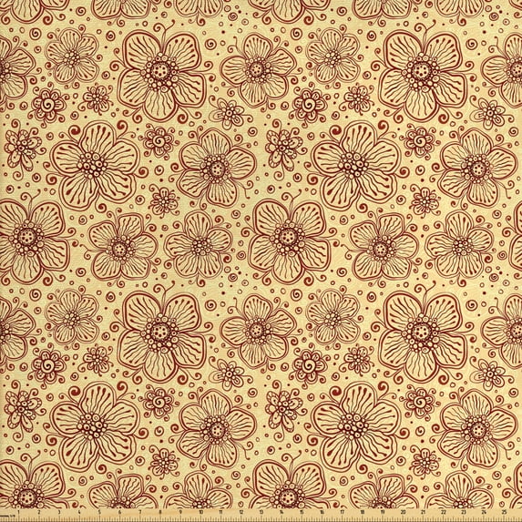 Ambesonne Floral Fabric by the Yard Upholstery, Blossoms Spirals Art, 10 Yards, Ruby Pale Yellow