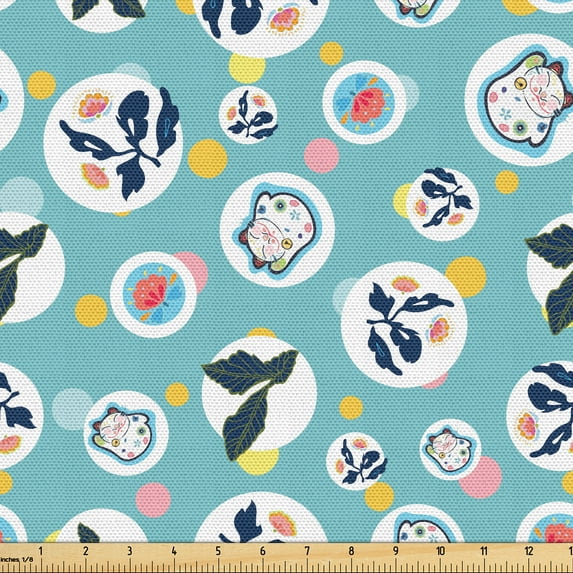 Ambesonne Floral Fabric by the Yard Upholstery, Botanical Circles Cats Art, 3 Yards, Pale Sky Blue and Mustard