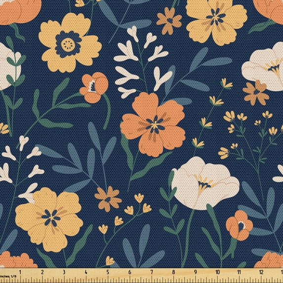 Ambesonne Floral Fabric by the Yard Upholstery, Botanical Flower Leaf Plot, 10 Yards, Dark Peach Violet Blue