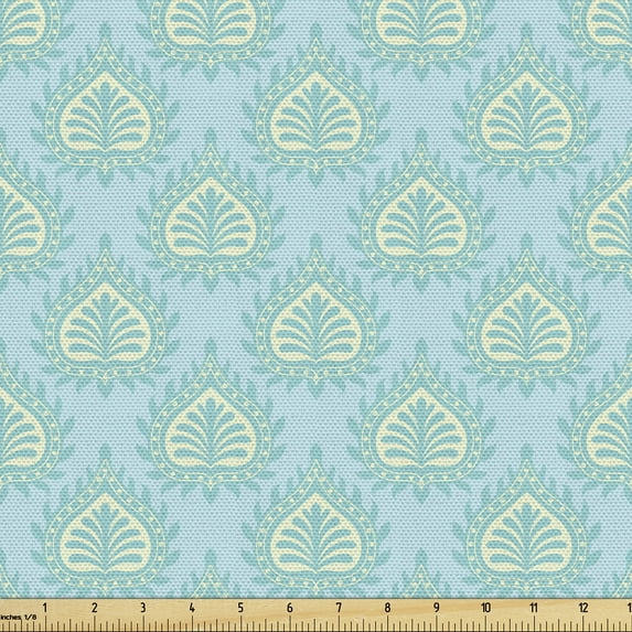 Ambesonne Floral Fabric by the Yard Upholstery, Botanical Motifs Retro Art, 1 Yard, Pale Cadet Blue and Cream