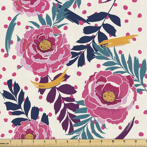 Ambesonne Floral Fabric by the Yard Upholstery, Botanical Polka Dots Art, 5 Yards, Dried Rose and Petrol Blue