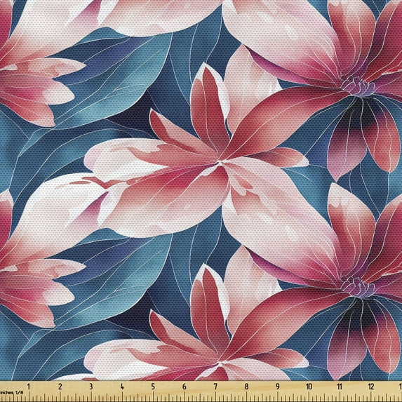 Ambesonne Floral Fabric by the Yard Upholstery, Botanical Water Flower Art, 5 Yards, Slate Blue and Dark Coral