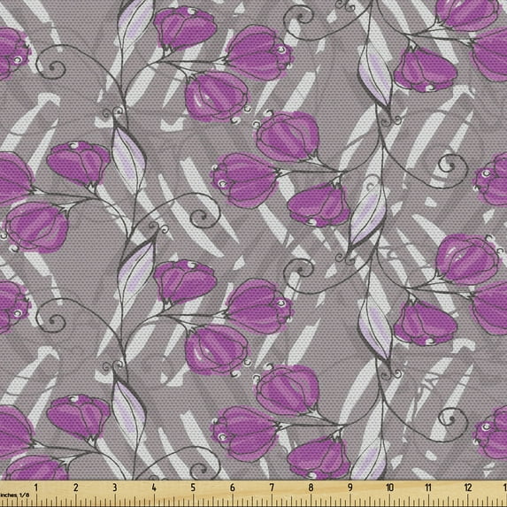 Ambesonne Floral Fabric by the Yard Upholstery, Bouquets Curly Branches Art, 1 Yard, Fuchsia Taupe Grey