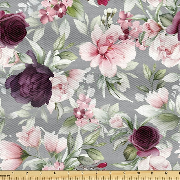 Ambesonne Floral Fabric by the Yard Upholstery, Camellias and Peonies Print, 10 Yards, Rose Dried Rose Dust