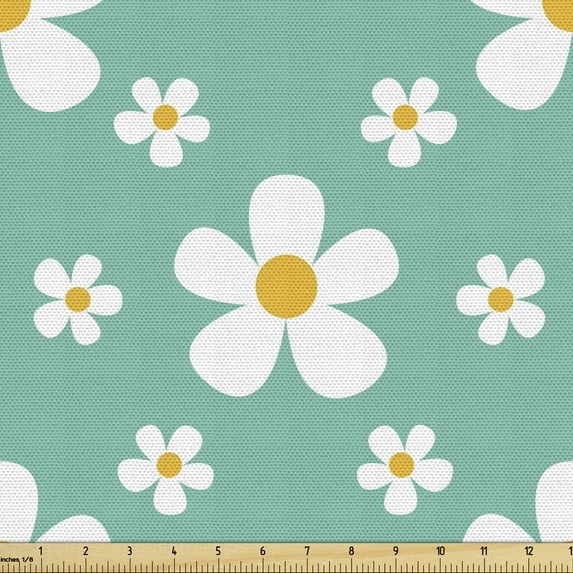 Ambesonne Floral Fabric by the Yard Upholstery, Cartoon Chamomile Flowers, 2 Yards, Cadet Blue White and Mustard
