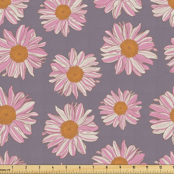Ambesonne Floral Fabric by the Yard Upholstery, Chamomiles Monochrome Back, 5 Yards, Amber Soft Pink and Grey
