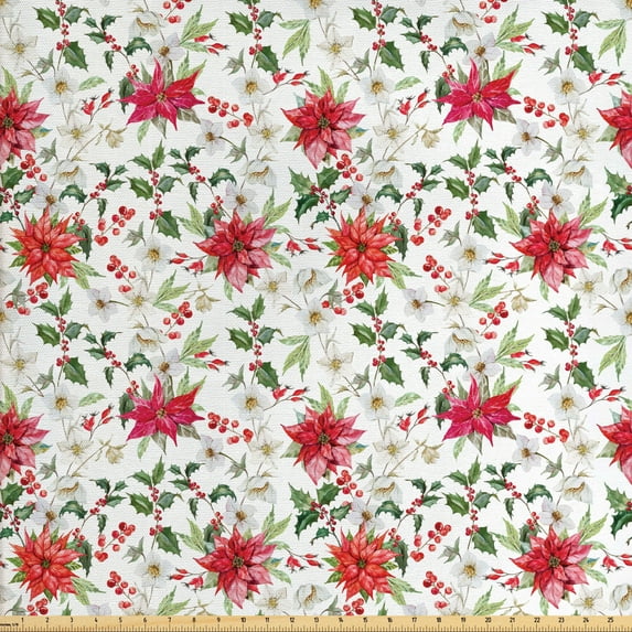 Ambesonne Floral Fabric by the Yard Upholstery, Christmas Flowers Buds, 3 Yards, Pink Green White