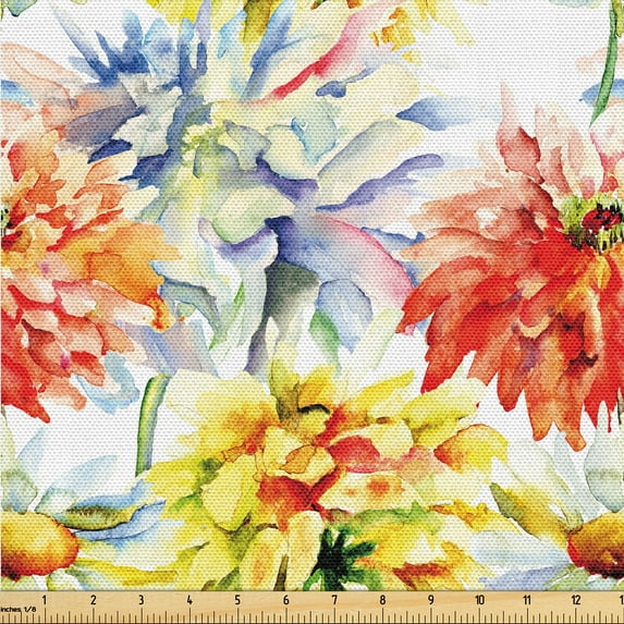 Ambesonne Floral Fabric by the Yard Upholstery, Chrysanthemum Flowers Print, 10 Yards, Vermilion Mustard and Green