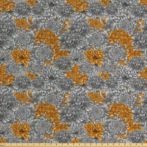 Ambesonne Floral Fabric by the Yard Upholstery, Chrysanthemum Sketch Art, 2 Yards, Dark Orange and Pale Grey