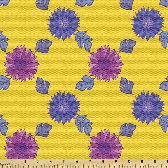 Ambesonne Floral Fabric by the Yard Upholstery, Chrysanthemums Leaves Plot, 1 Yard, Yellow Indigo and Magenta