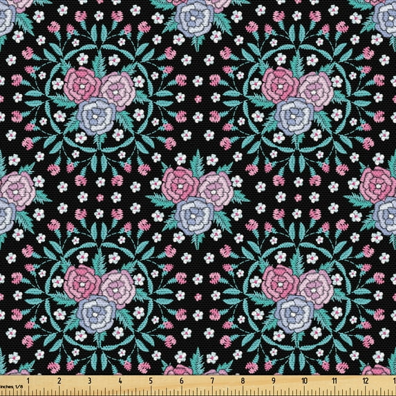 Ambesonne Floral Fabric by the Yard Upholstery, Circular Leaves Flowers Art, 2 Yards, Pale Lavender Dark Teal