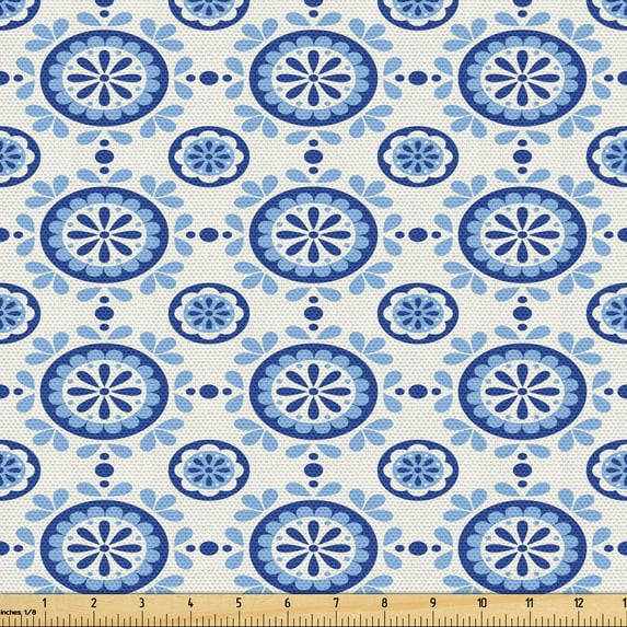 Ambesonne Floral Fabric by the Yard Upholstery, Circular Shaped Flowers Art, 10 Yards, Pale Sky Blue and White