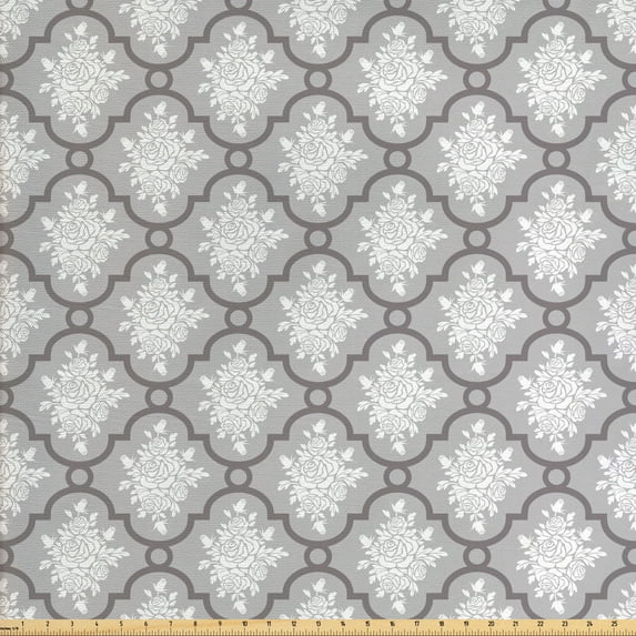 Ambesonne Floral Fabric by the Yard Upholstery, Classic Damask Rococo, 3 Yards, Pale Grey White