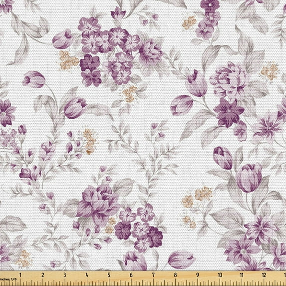 Ambesonne Floral Fabric by the Yard Upholstery, Classical Vibe Jungle Flower, 5 Yards, Plum Pale Almond Green