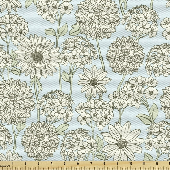 Ambesonne Floral Fabric by the Yard Upholstery, Close up View of Flowers, 5 Yards, Pale Blue Pastel Green