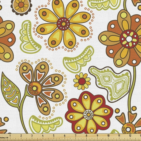 Ambesonne Floral Fabric by the Yard Upholstery, Colorful Cartoon Flowers, 10 Yards, Mustard Vermilion White