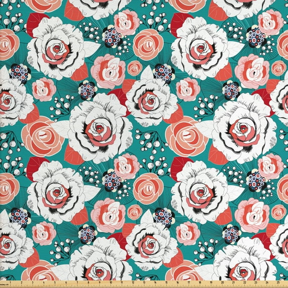 Ambesonne Floral Fabric by the Yard Upholstery, Colorful Flower Arrangements, 5 Yards, Dark Seafoam Multicolor