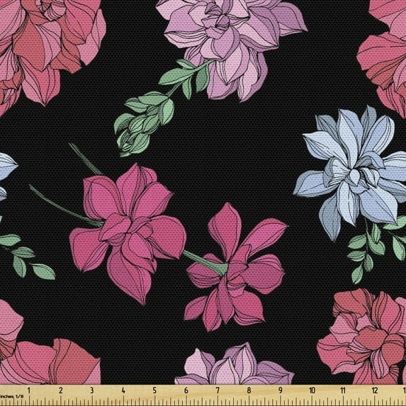 Ambesonne Floral Fabric by the Yard Upholstery, Colorful Flowers Drawing, 1 Yard, Black Multicolor