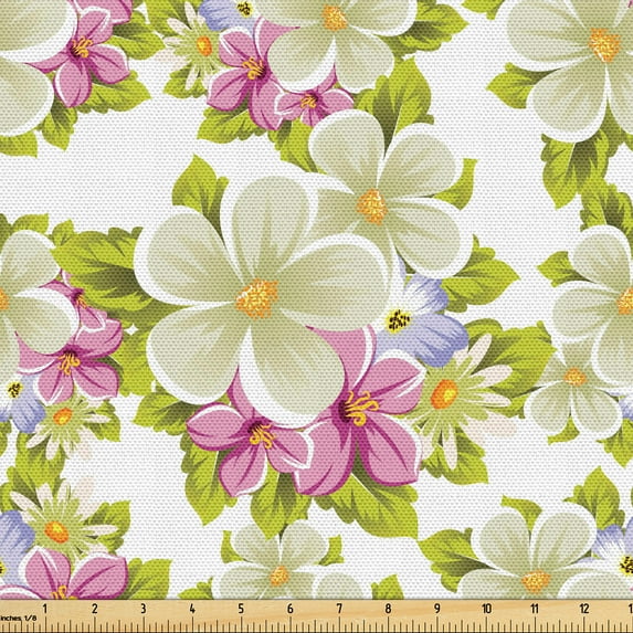 Ambesonne Floral Fabric by the Yard Upholstery, Colorful Flowers Ornament, 10 Yards, Pastel Pink and Yellow Green