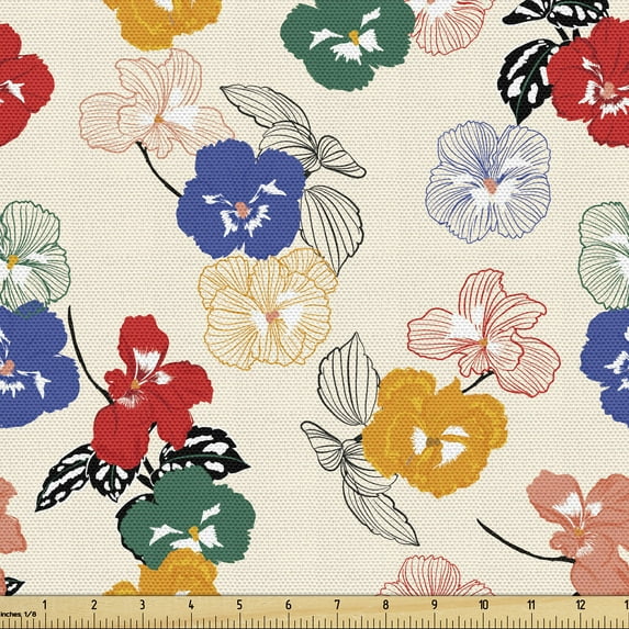 Ambesonne Floral Fabric by the Yard Upholstery, Colorful Pansy Flowers Art, 2 Yards, Forest Green Persian Blue