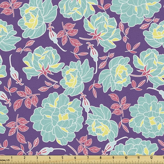 Ambesonne Floral Fabric by the Yard Upholstery, Composition of Peonies, 10 Yards, Seafoam Violet
