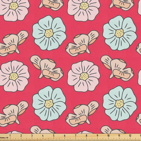 Ambesonne Floral Fabric by the Yard Upholstery, Contemporary Flowers Art, 3 Yards, Dark Coral and Pale Peach