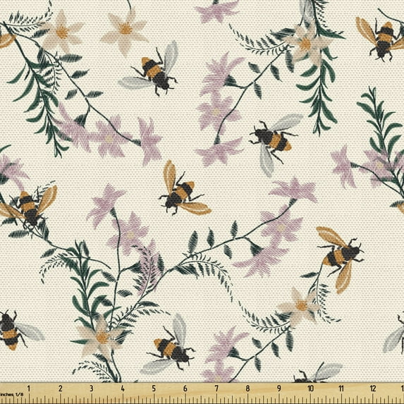 Ambesonne Floral Fabric by the Yard Upholstery, Craftwork Look Honey Bees, 5 Yards, Ivory Multicolor