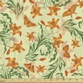 thumbnail image 1 of Ambesonne Floral Fabric by the Yard Upholstery, Curved Flowers Butterflies, 2 Yards, Cream Orange and Olive Green, 1 of 5