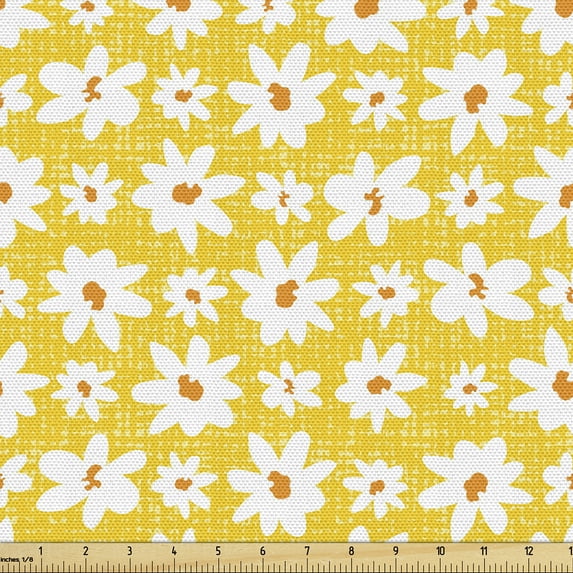 Ambesonne Floral Fabric by the Yard Upholstery, Daisies Checkered Back Art, 1 Yard, Earth Yellow Orange and White