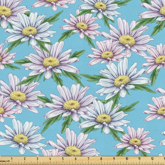 Ambesonne Floral Fabric by the Yard Upholstery, Daisies Vintage Hand-Drawn, 2 Yards, Pale Azure Blue and Ecru