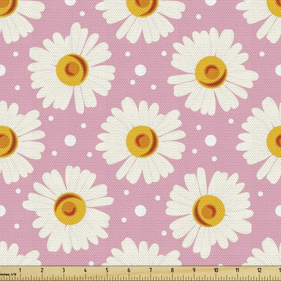 Ambesonne Floral Fabric by the Yard Upholstery, Daisy Flowers and Circles, 5 Yards, Pale Pink Orange White