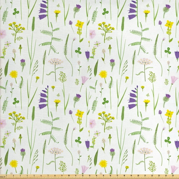 Ambesonne Floral Fabric by the Yard Upholstery, Delicate Wild Flowers, 3 Yards, Lime Green Violet