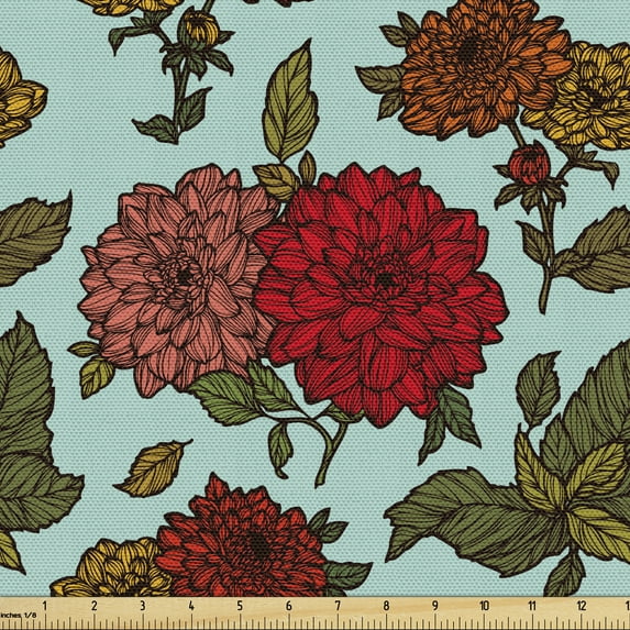 Ambesonne Floral Fabric by the Yard Upholstery, Detailed Large Flowers Scene, 5 Yards, Pale Blue Vermilion