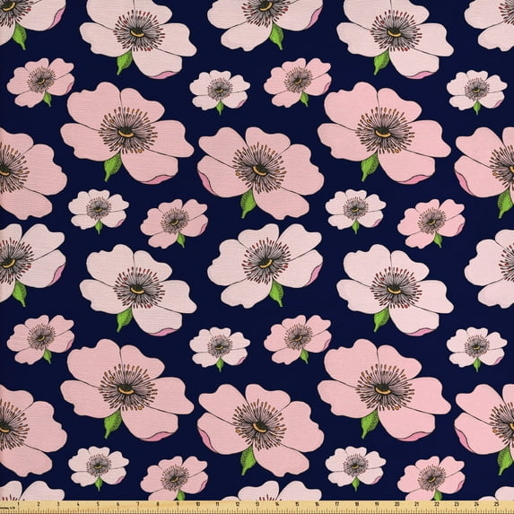 Ambesonne Floral Fabric by the Yard Upholstery, Dog Rose Pastel Pink Flower, 10 Yards, Rose Lime Green Indigo