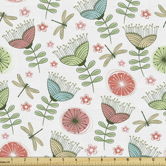 Ambesonne Floral Fabric by the Yard Upholstery, Doodle Art Petal Insect, 1 Yard, Multicolor