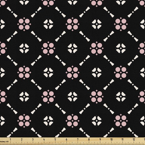 Ambesonne Floral Fabric by the Yard Upholstery, Dots Lines in Flowers Shapes, 3 Yards, Pale Pink and Charcoal Grey