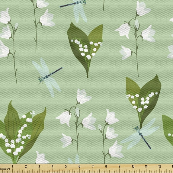 Ambesonne Floral Fabric by the Yard Upholstery, Dragonflies and Campanulas, 10 Yards, Pale Green Pale Blue