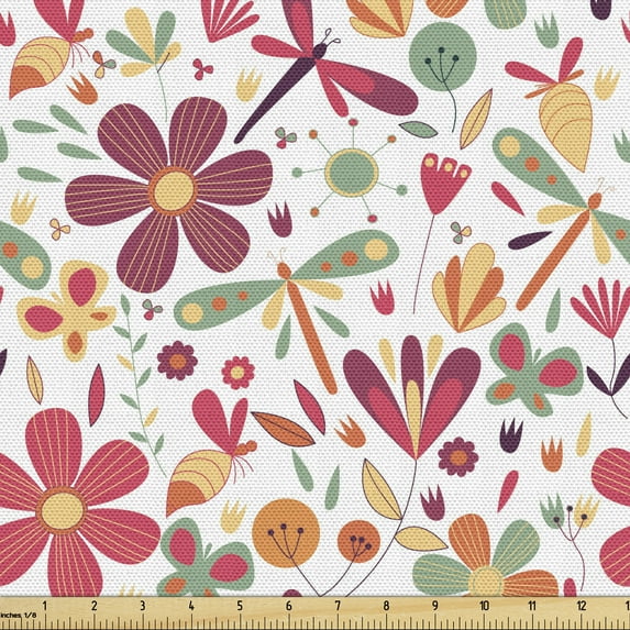 Ambesonne Floral Fabric by the Yard Upholstery, Dragonfly Butterfly Spring, 1 Yard, Dried Rose Burnt Sienna
